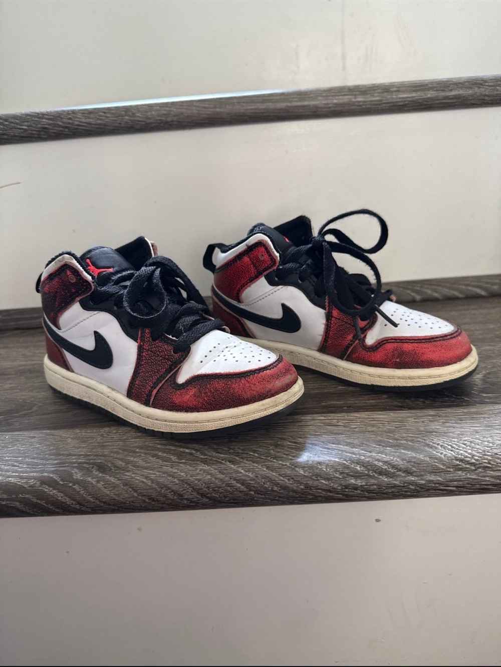 Jordan 1 Mid 12c Nike Kids Red, White & Black High-Top Sneakers